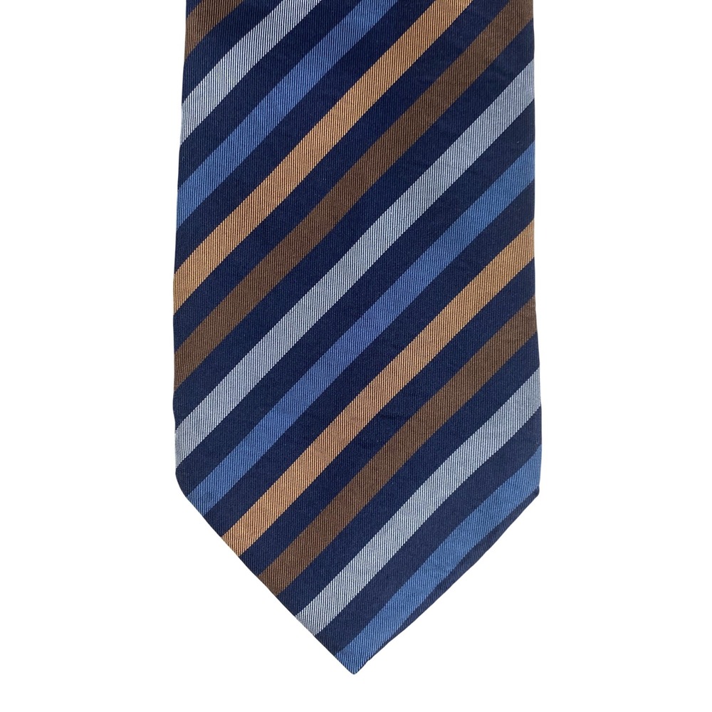 VTG Longchamp Paris Mens Silk Tie Navy Light Blue Brown Stripe Made Italy 59x4